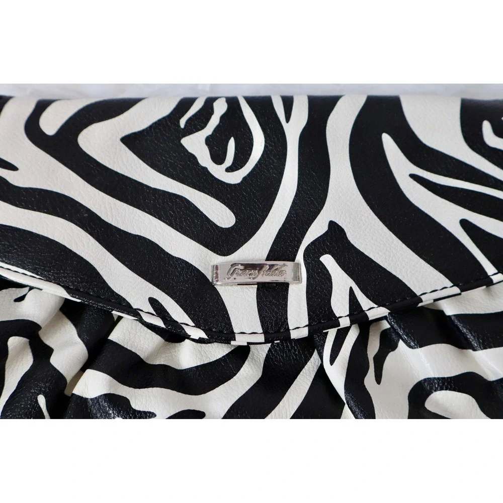 Grace Adele Zebra Print Clutch Bag Black White Faux Leather Red Lining Snap Flap
